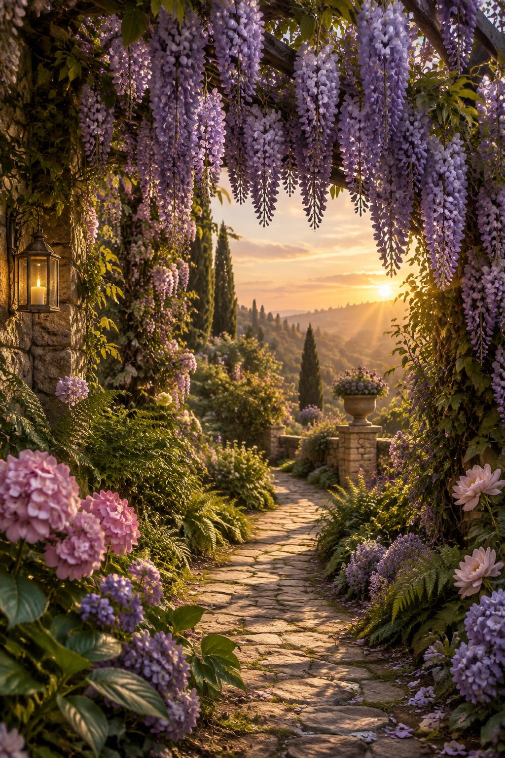 Jardim de flores roxas banhado por luz dourada